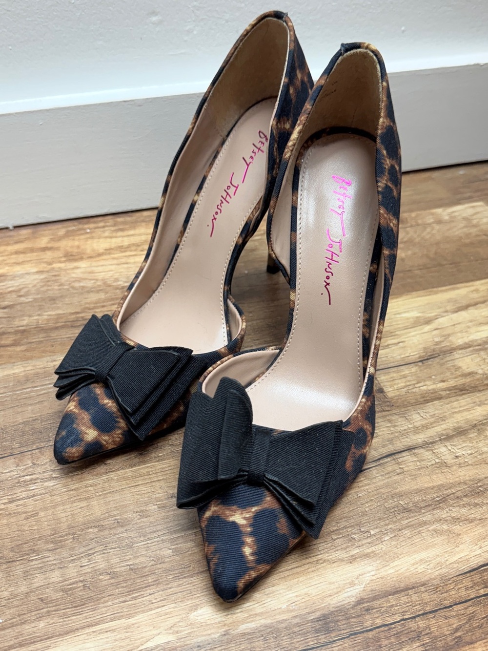 Betsey Johnson Leopard Print Pointed-Toe Pumps with Black Bow